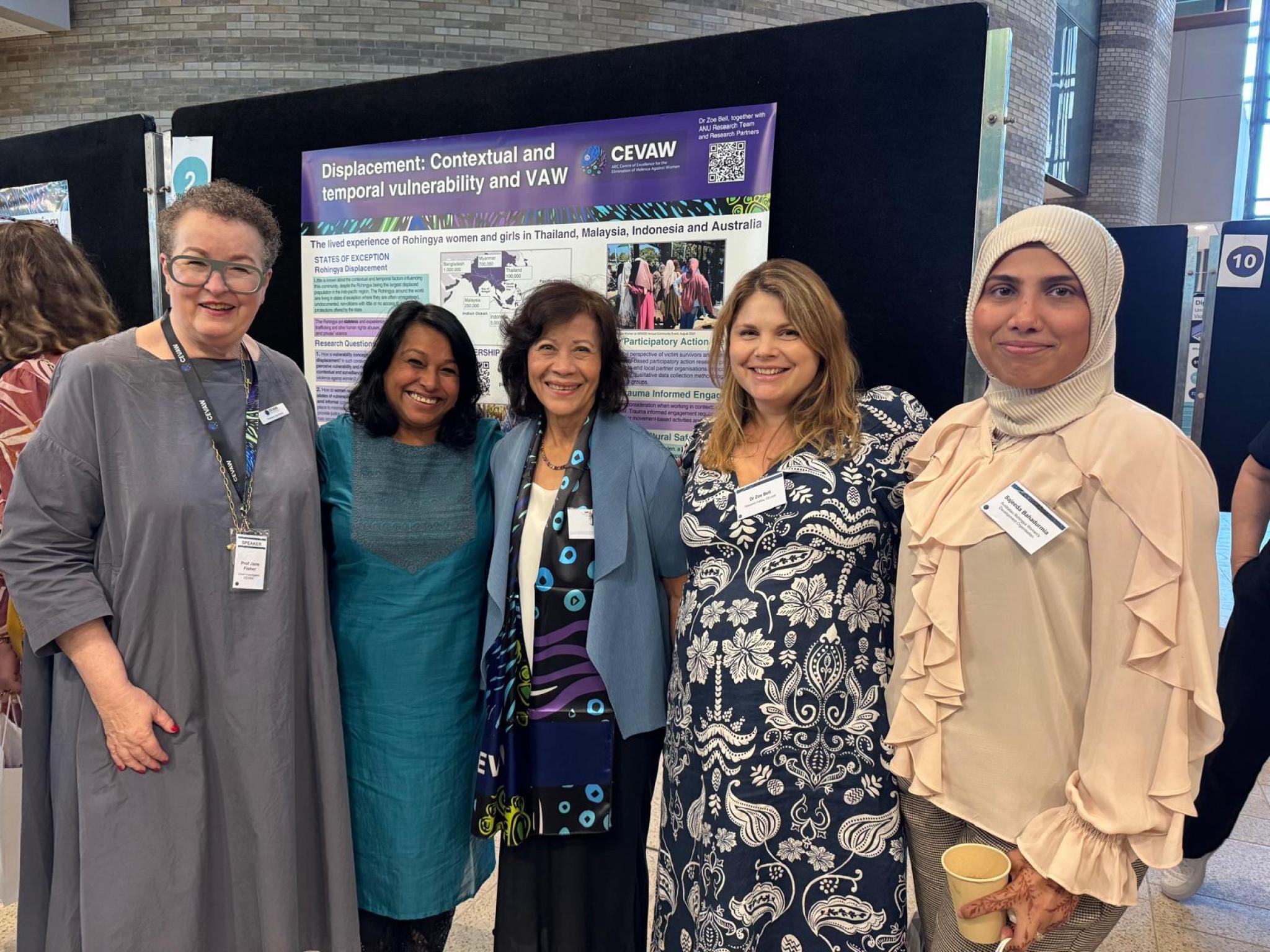 Jane Fisher (Chief Investigator) CI Bina D’Costa (ANU Chief Investigator), Noeleen Hayzer (a former  Under-Secretary-General of the United Nations) Zoe Bell (ANU CEVAW Fellow), Sajeeda Bahadurmia (Chair, ARWDO) 