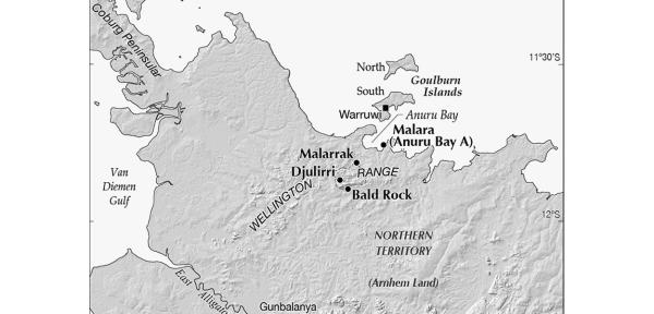  Malara (Anuru Bay A) and other archeological sites in Wellington Range, Arnhem Land (map produced by CartoGIS ANU). 