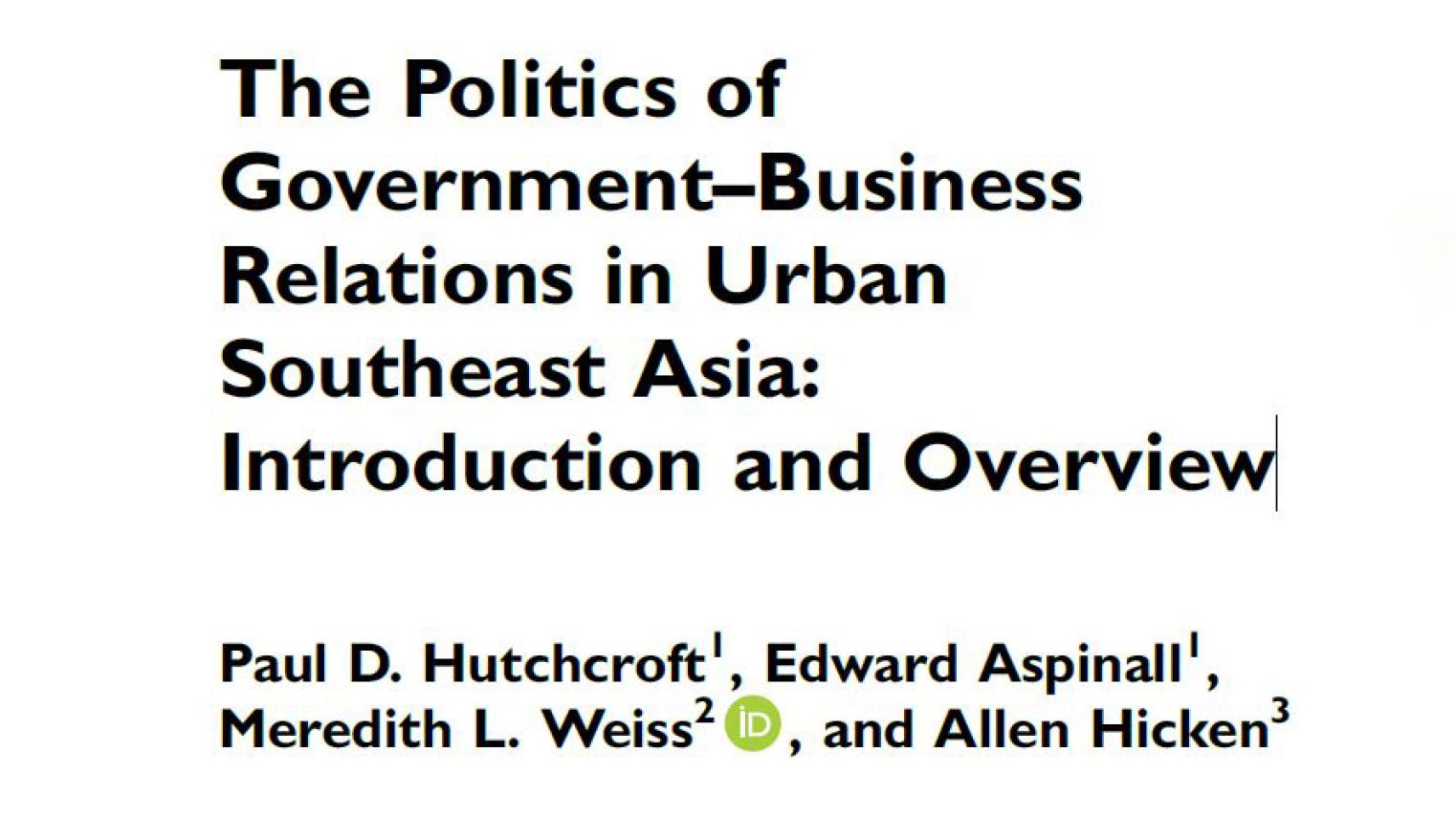 The Politics of Government–Business Relations in Urban Southeast Asia: Introduction and Overview