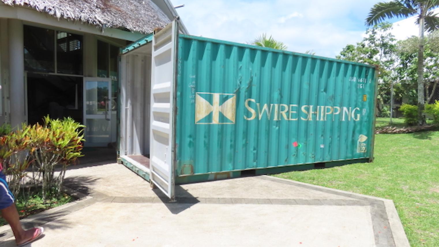 The shipping container outside the entrance to the Vanatu National Library